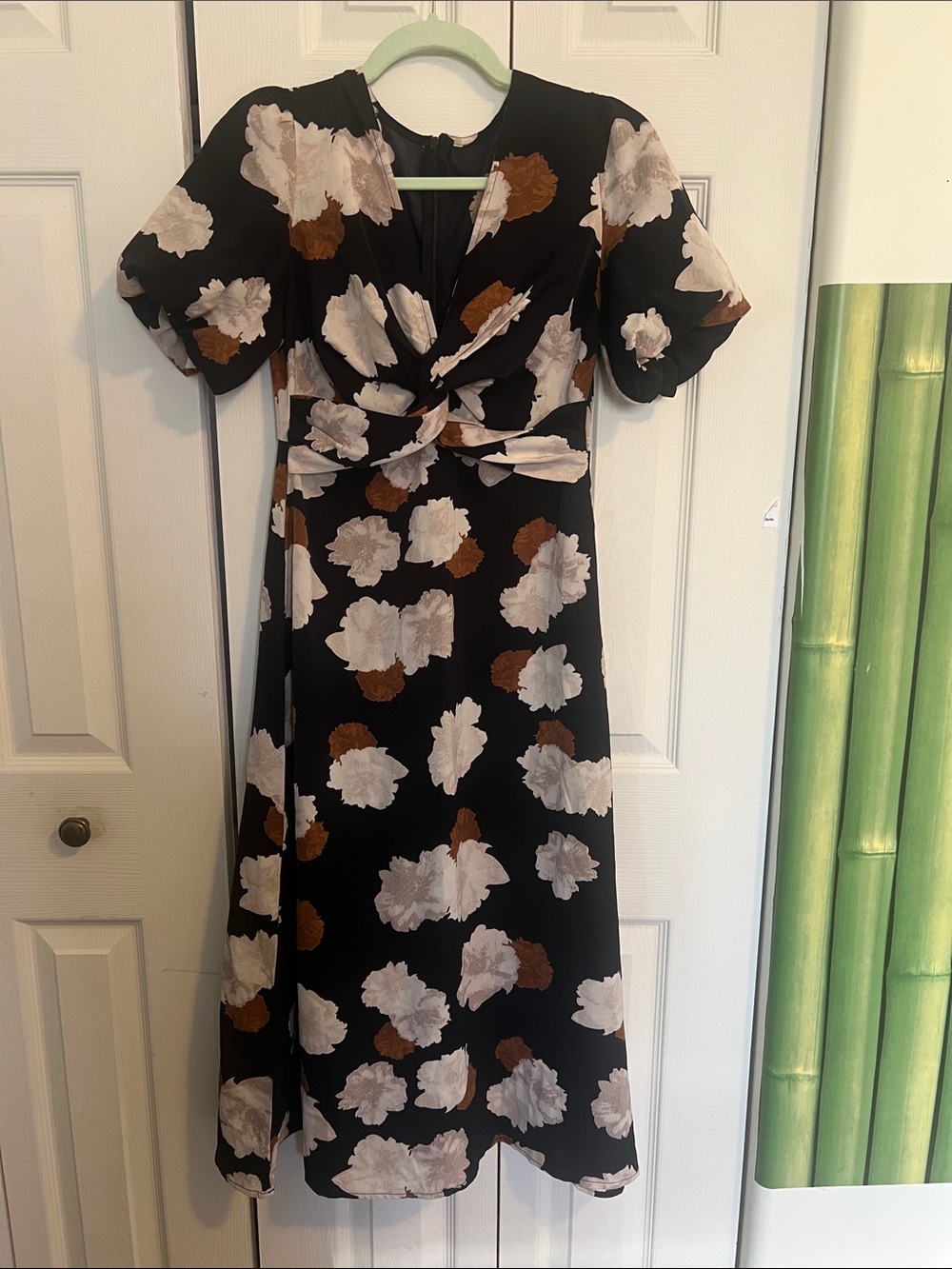 Floral Twist-Front Black Midi Dress with Cream & Brown Blooms